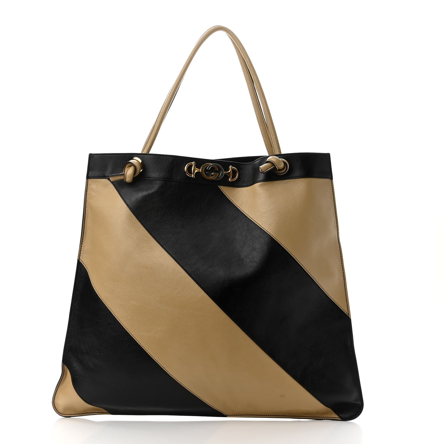 Gucci Smooth Calfskin Diagonal Striped Zumi Tote Black Beige 3 of 11