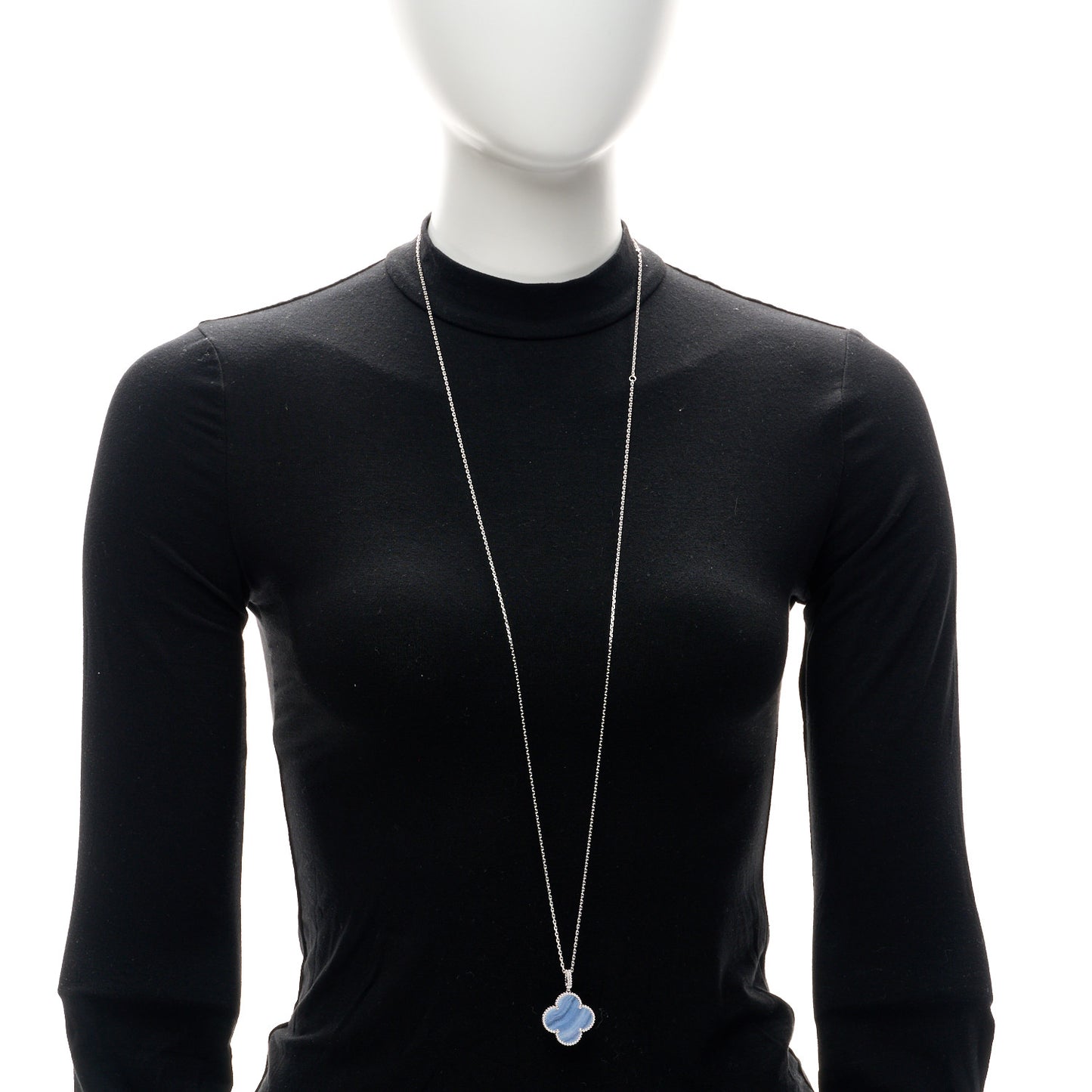 18K White Gold Chalcedony Magic Alhambra Pendant Long Necklace
