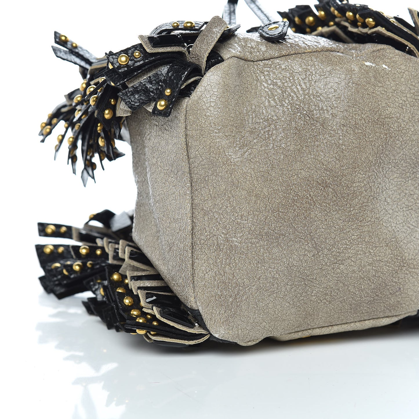 Crackled Calfskin Studded Fringe Wristlet Pouch Talco Black
