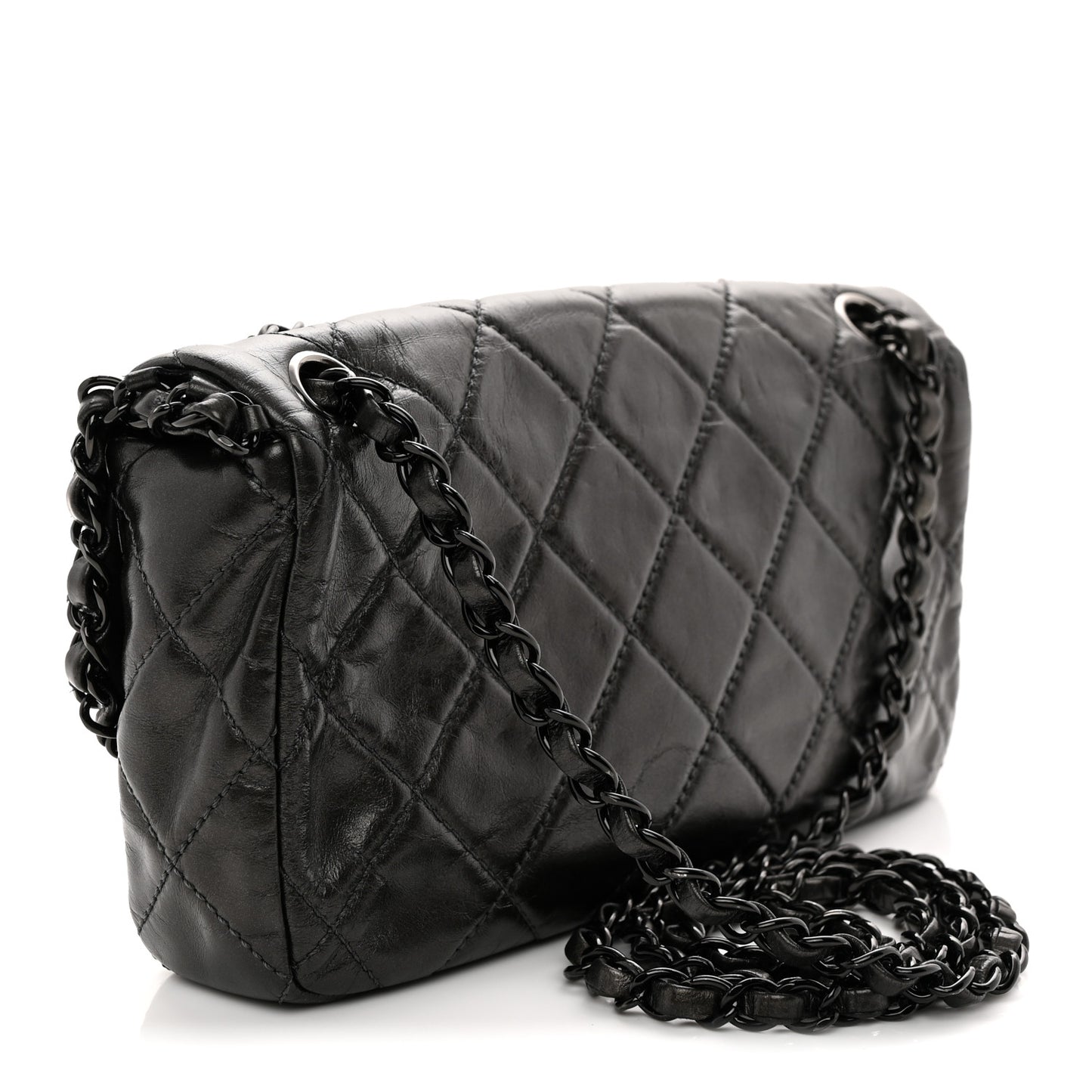 Metallic Calfskin Quilted Chain All Over Flap Bag Grey