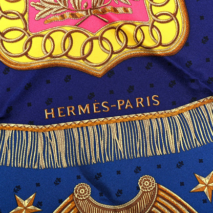 Hermes Silk Poste et Cavalerie Detail Scarf 45 Black Marine Jaune 4 of 4