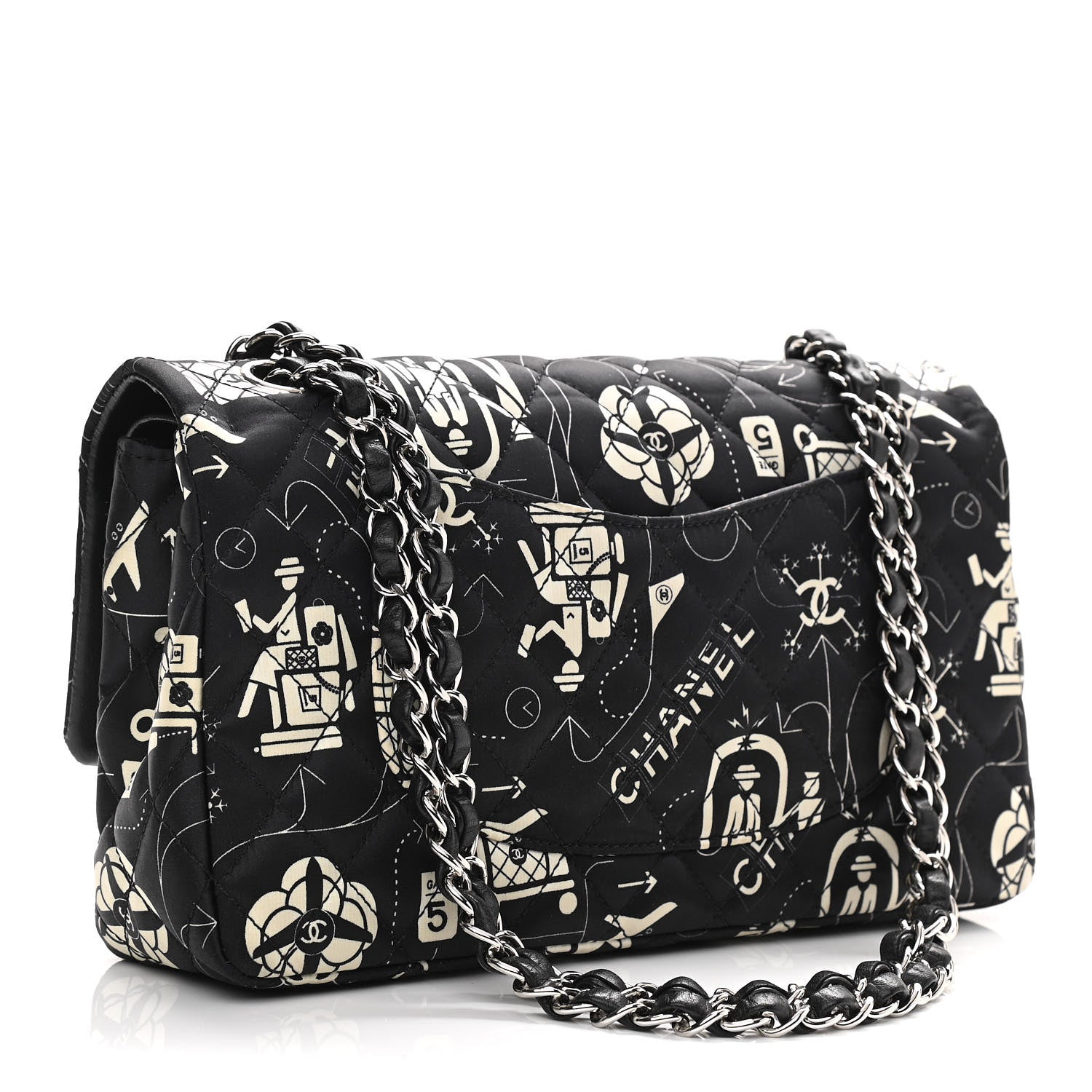 Chanel Satin Airline Printed Medium Double Flap Black White 3 of 12
