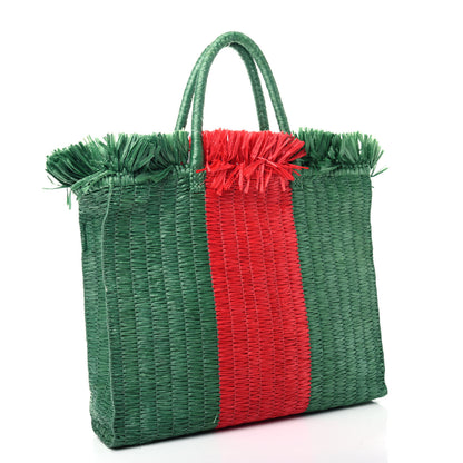 Gucci Raffia Linen Web Cestino Tote Bag Red Green 3 of 10