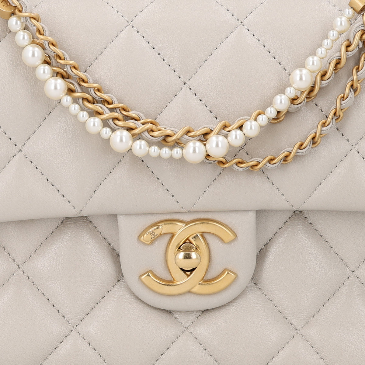 Chanel Shiny Lambskin Quilted Pearl Twist Mini Square Flap Light Grey 8 of 10