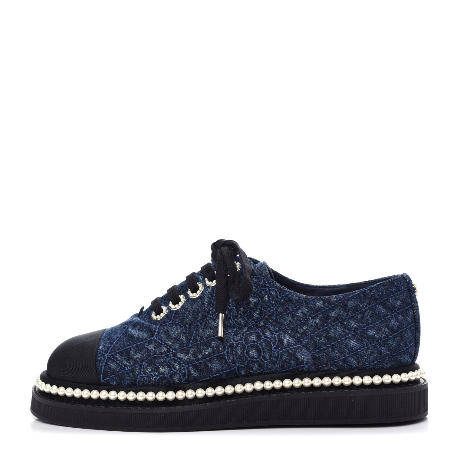 Chanel Denim Grosgrain Camellia Pearl Lace Up Sneakers 36 Blue Black 1 of 11