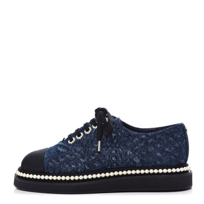 Chanel Denim Grosgrain Camellia Pearl Lace Up Sneakers 36 Blue Black 1 of 11