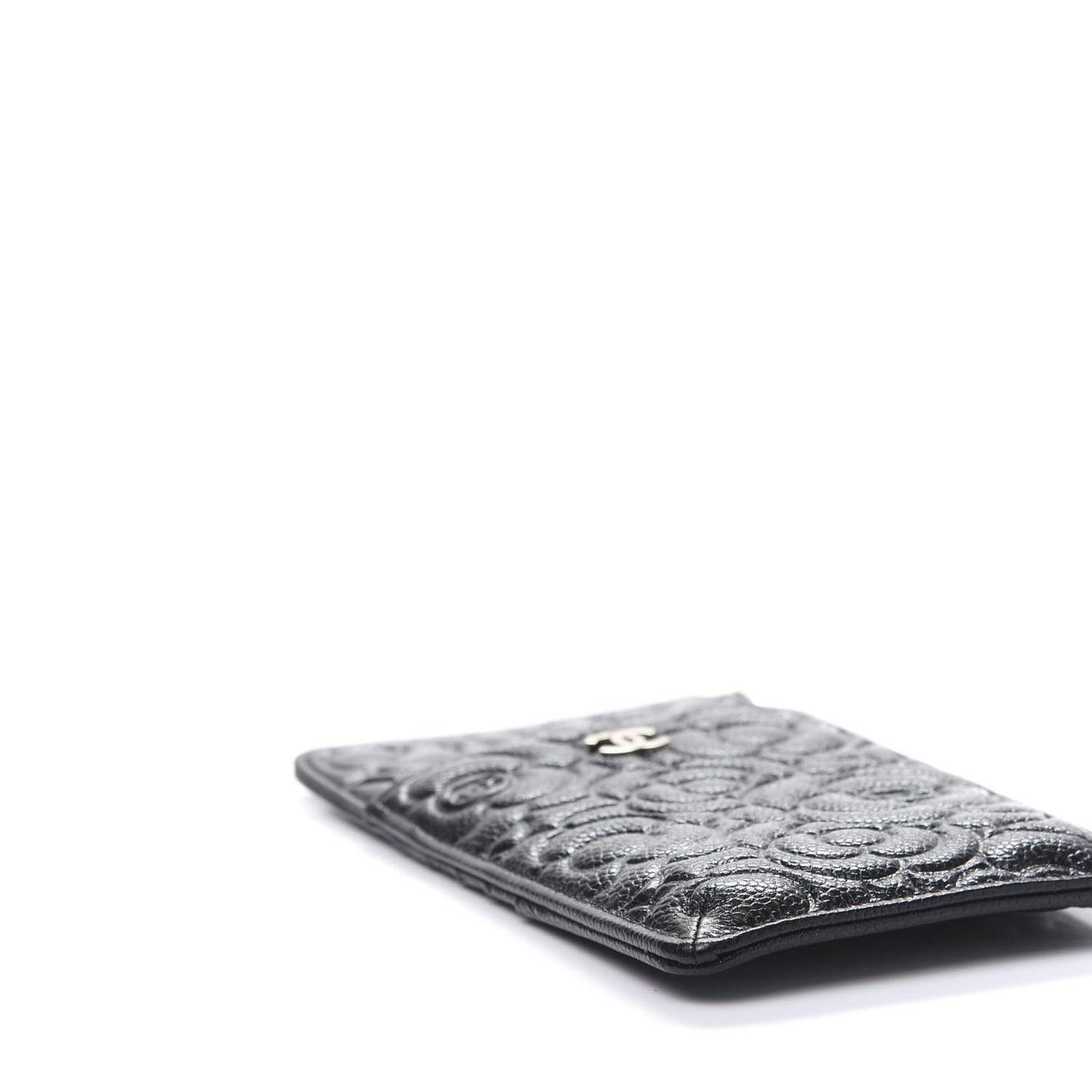 Caviar Camellia Embossed Classic Flat Wallet Pouch Black