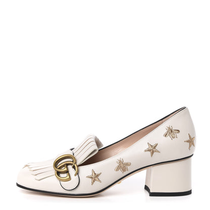 Gucci Quentin Goatskin Bee Star Embroidered GG Marmont Fringe 50mm Loafer Pumps 36.5 Mystic White 1 of 9