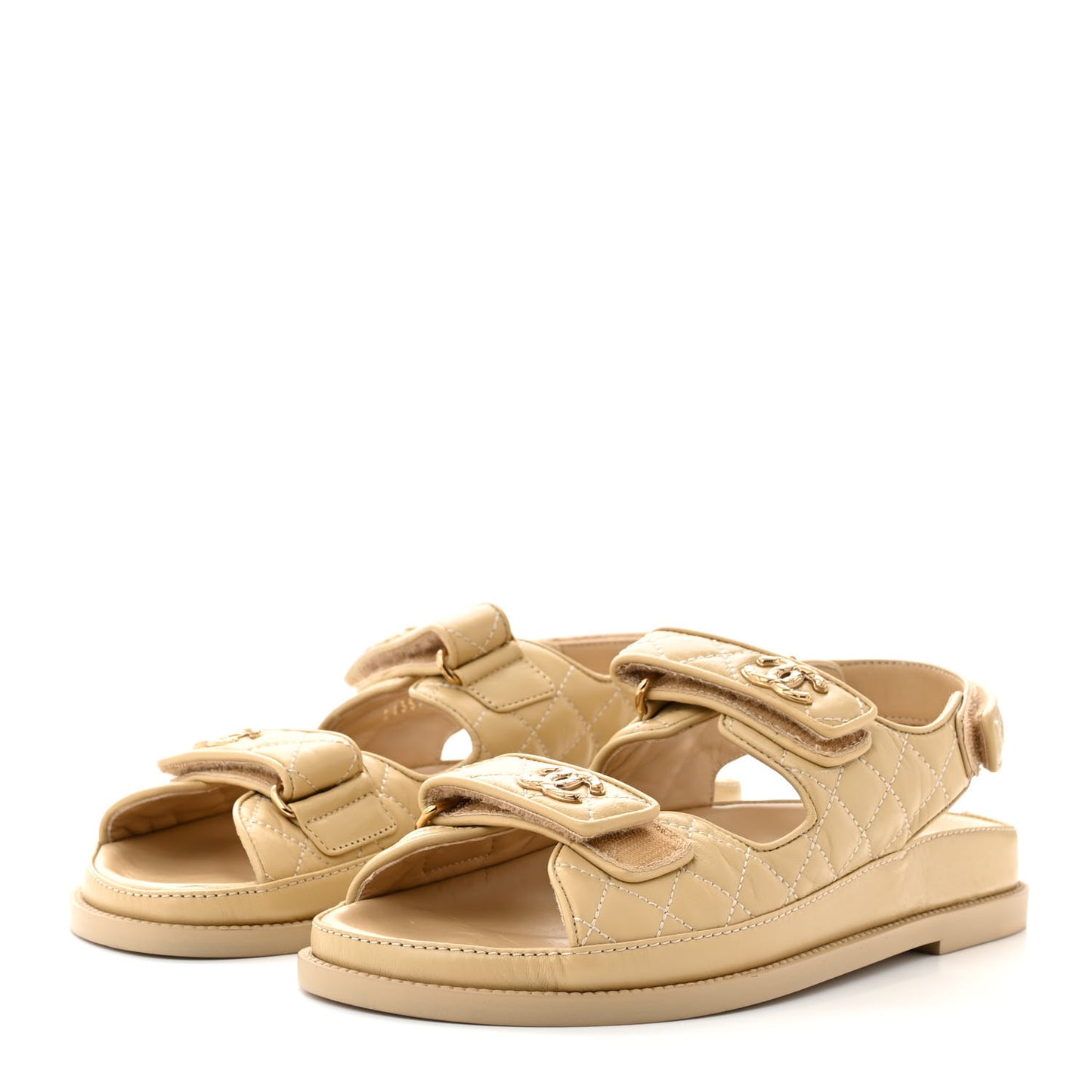 Lambskin Quilted Velcro Dad Chain CC Slide Sandals 40 Beige