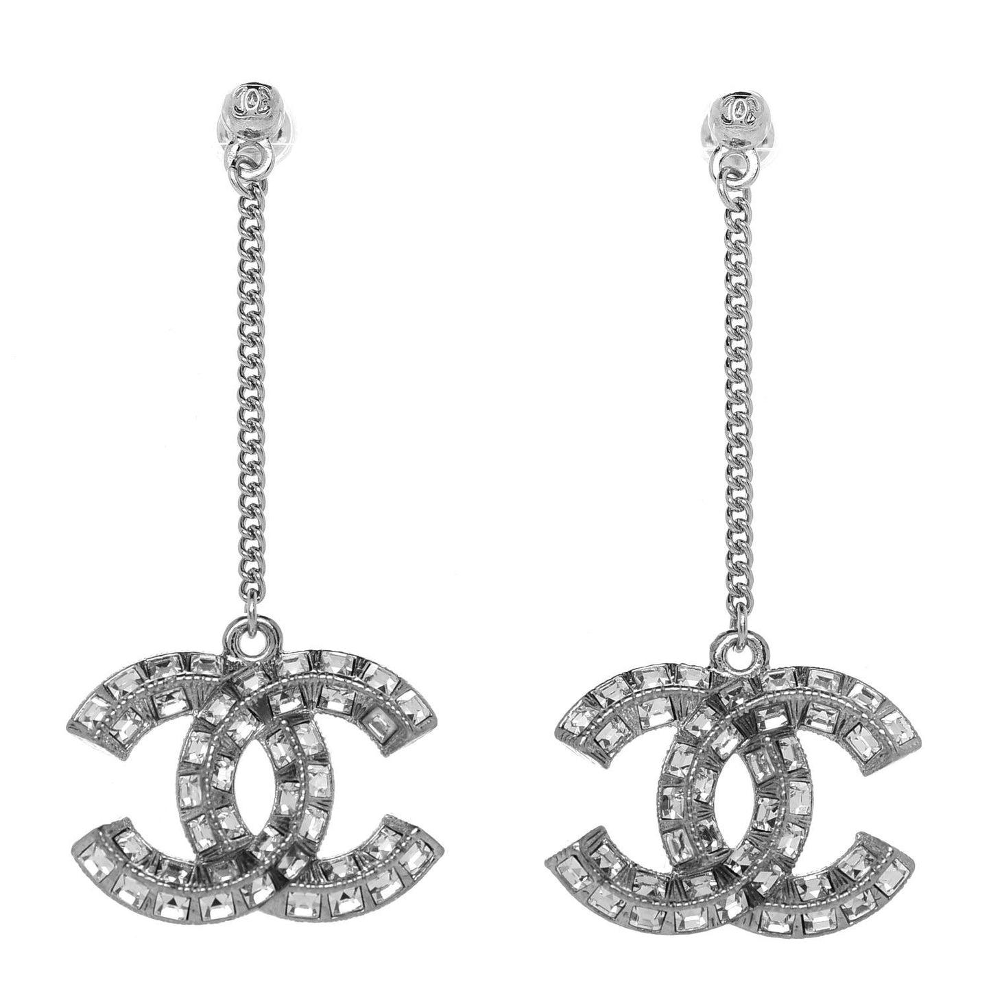 Baguette Crystal CC Drop Earrings Silver