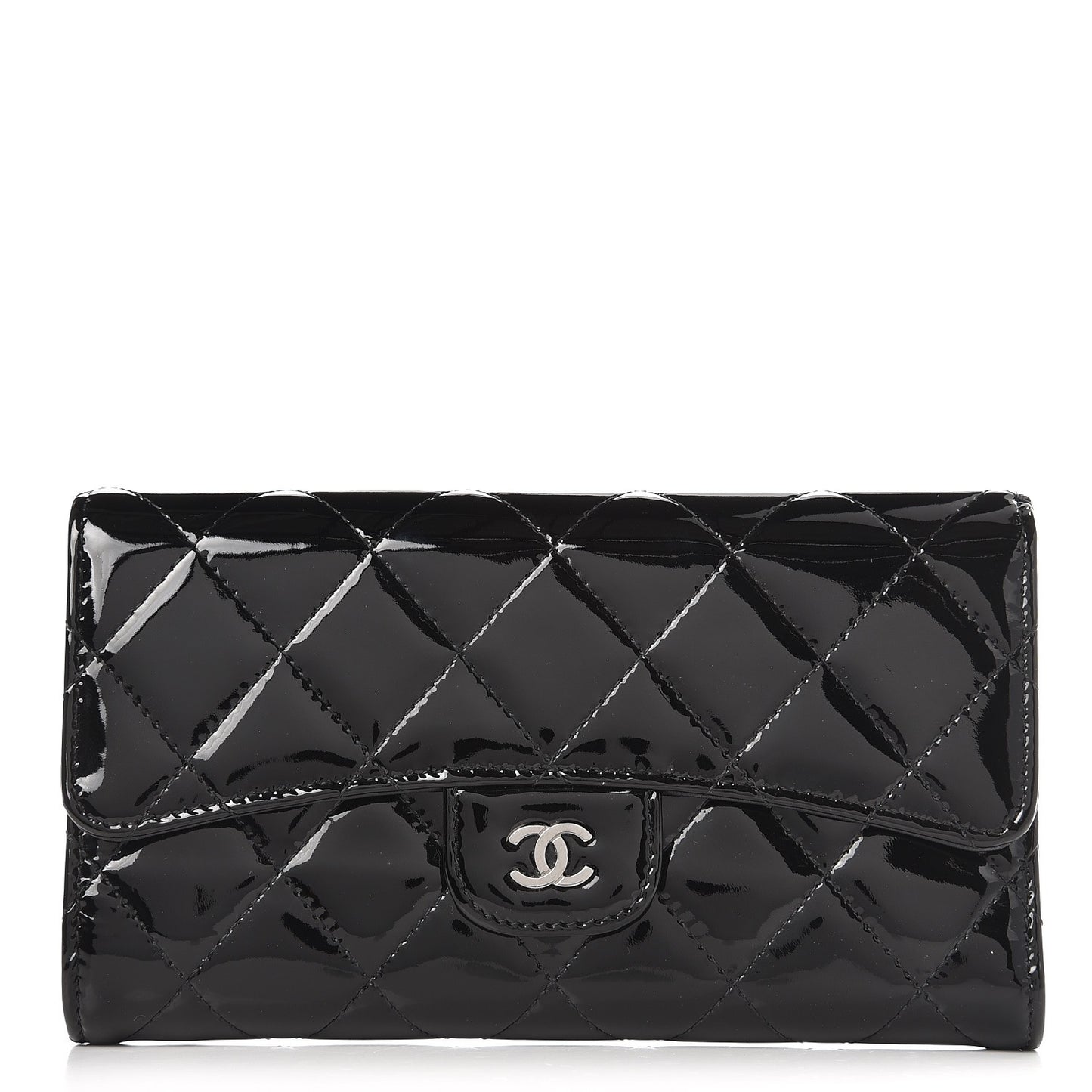 Patent Calfskin Quilted Large Flap Wallet Black