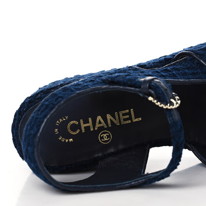 Chanel Cotton Tweed Quilted CC Platform Sandals 39 Navy Blue 7 of 9