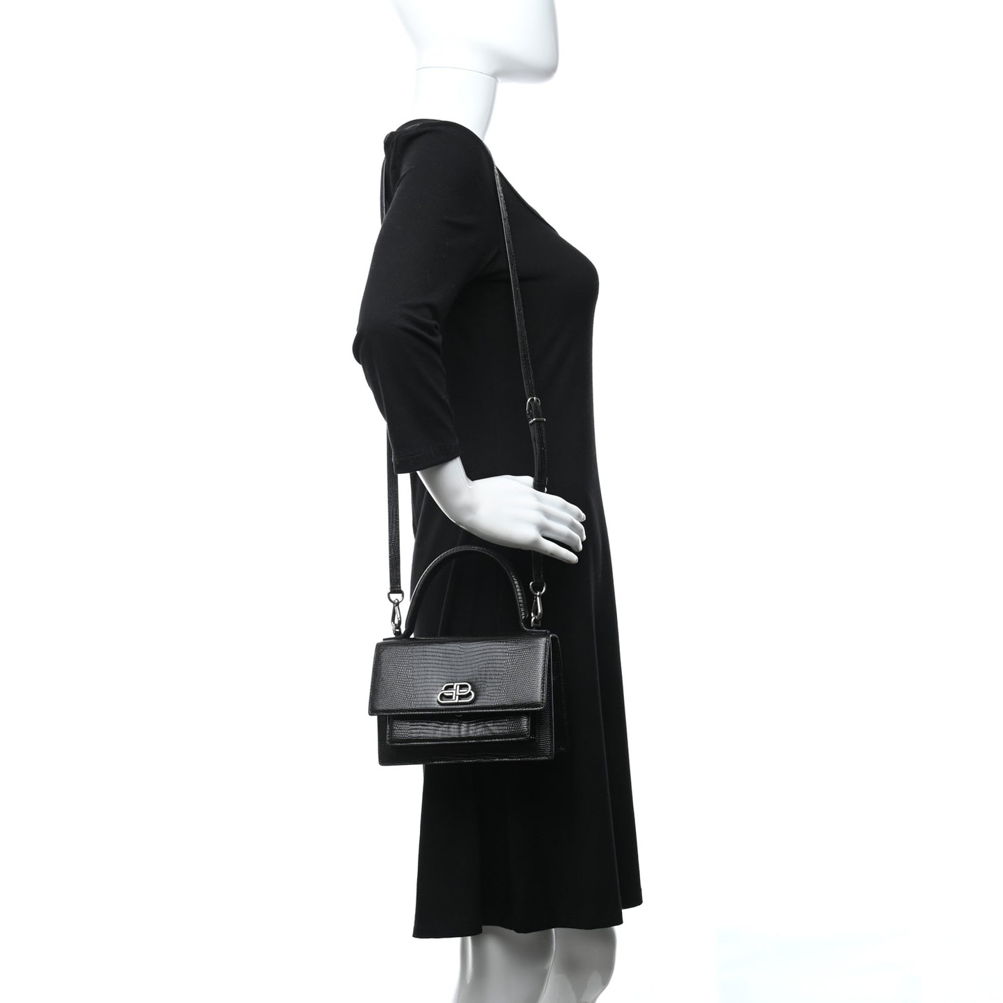 Patent Calfskin Lizard Embossed XS Sharp Top Handle Bag Black