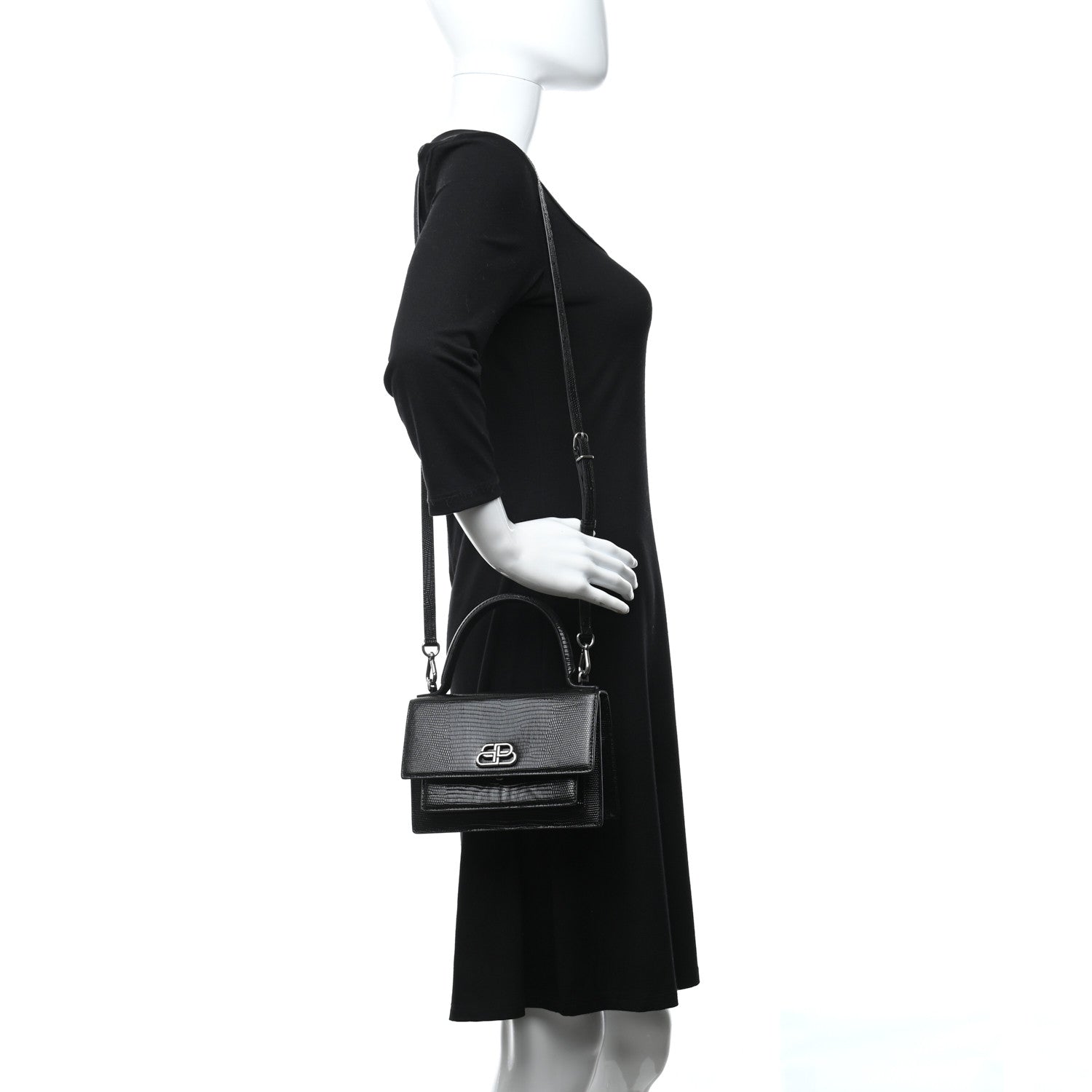 Balenciaga Patent Calfskin Lizard Embossed XS Sharp Top Handle Bag Black 2 of 10