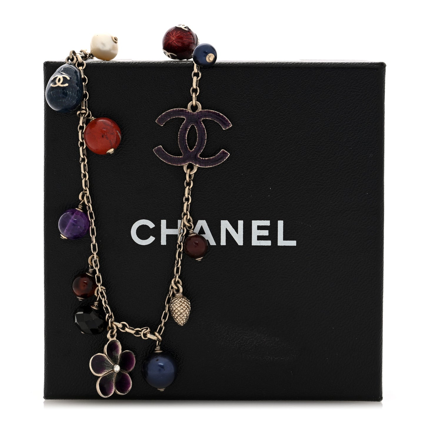 Beaded Charm CC Long Strand Necklace Silver Multicolor