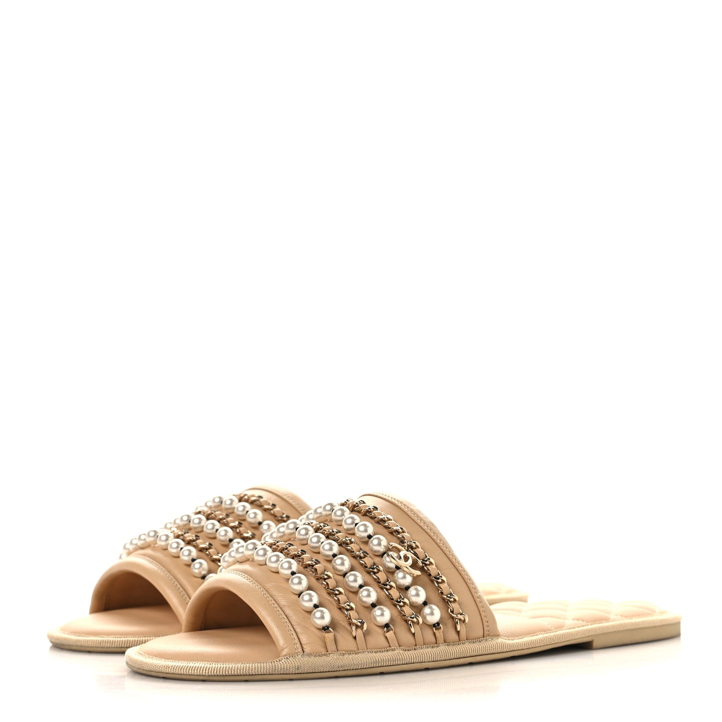 Lambskin Pearl Chain Flat Slipper Sandals M  Beige