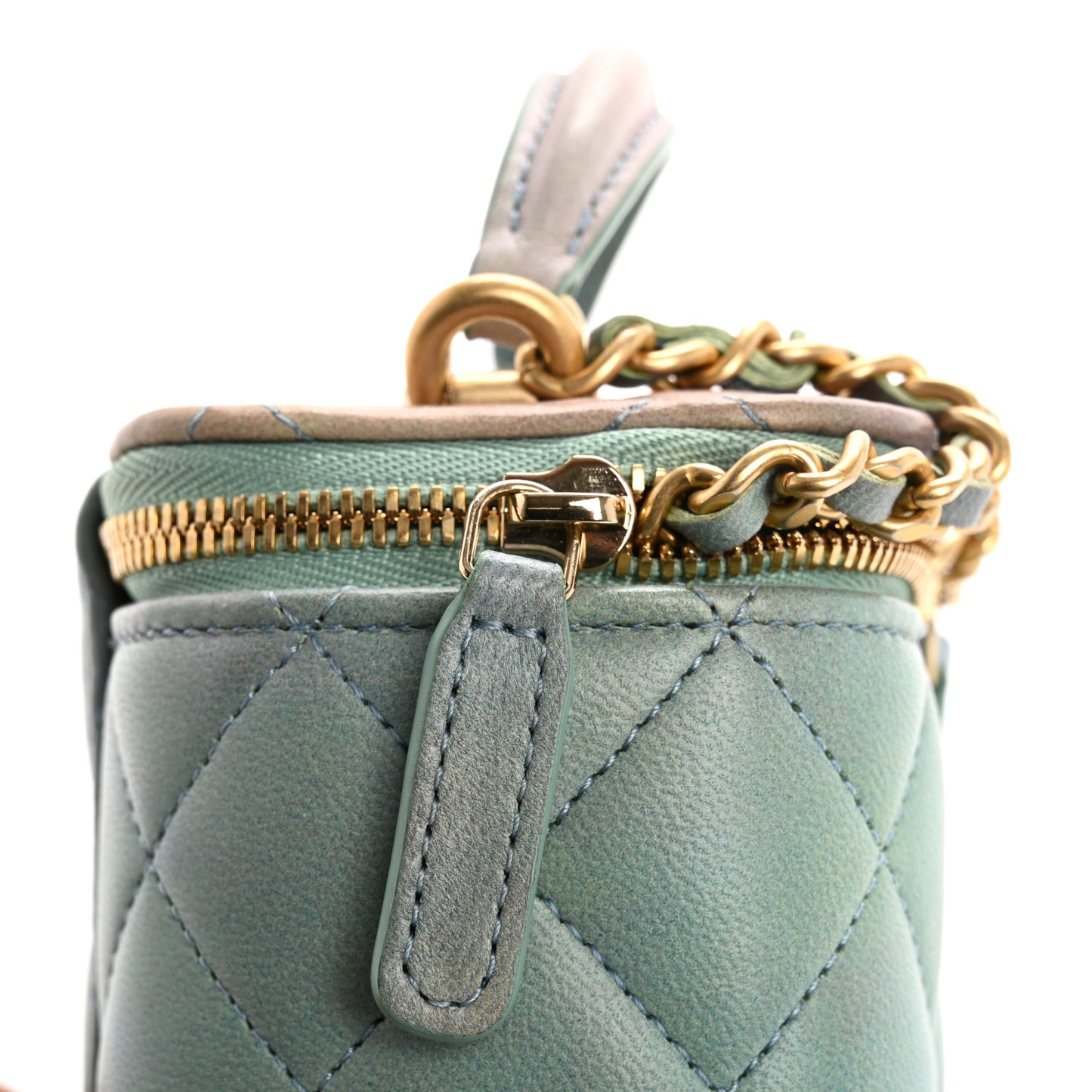 Lambskin Quilted Ombre Top Handle Mini Vanity Case With Chain Blue Green