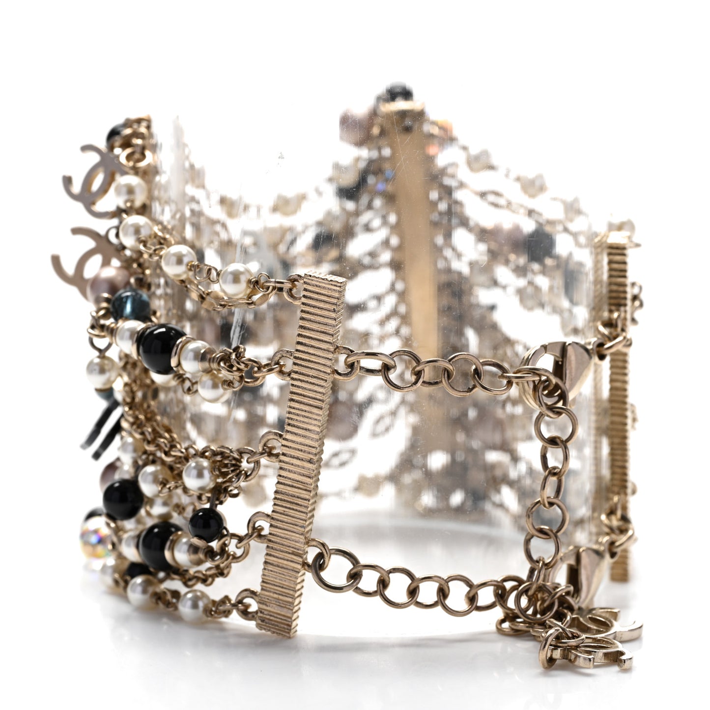 Pearl Bead Crystal CC Multi Strand Byzantine Chain Black Gold