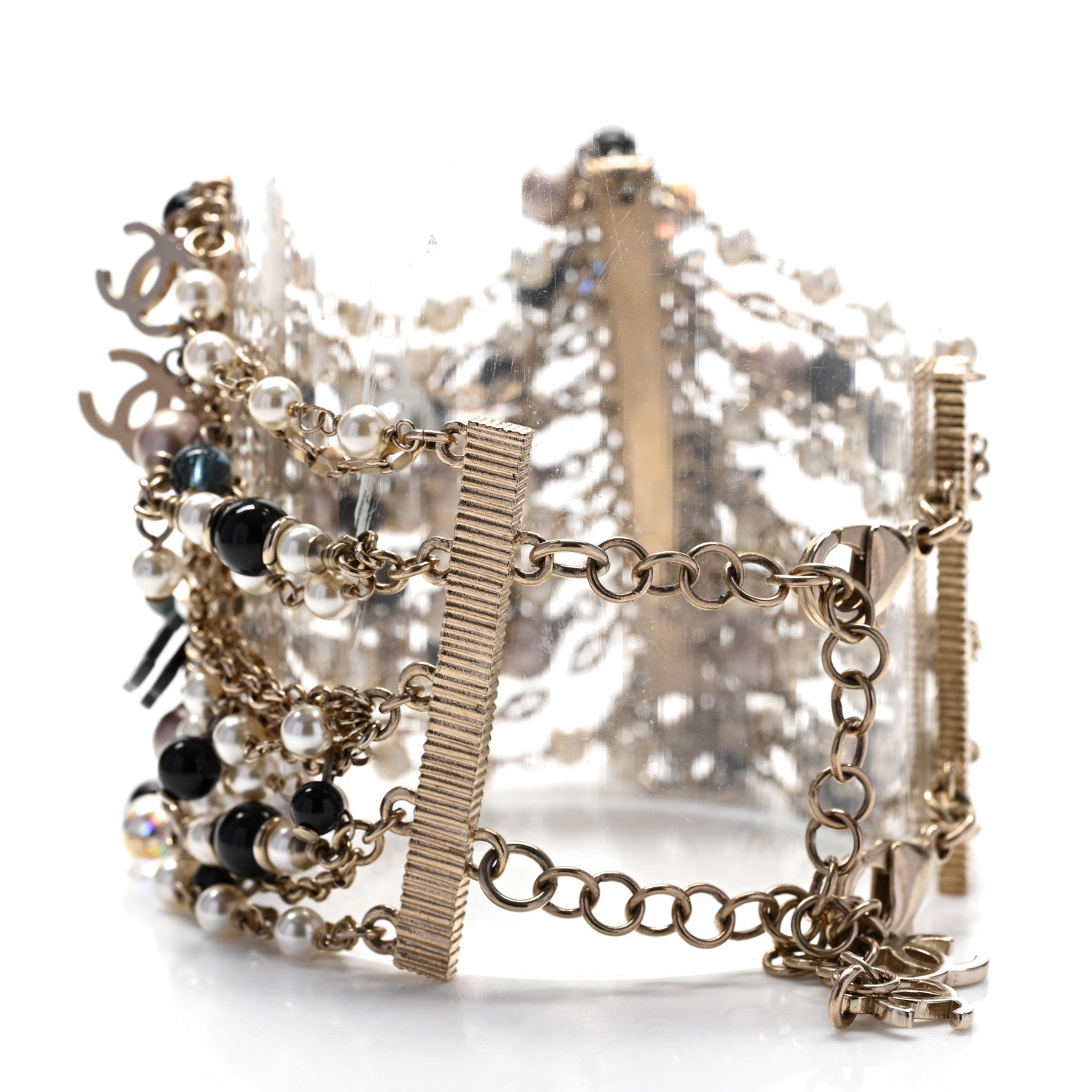 Chanel Pearl Bead Crystal CC Multi Strand Byzantine Chain Black Gold 3 of 5