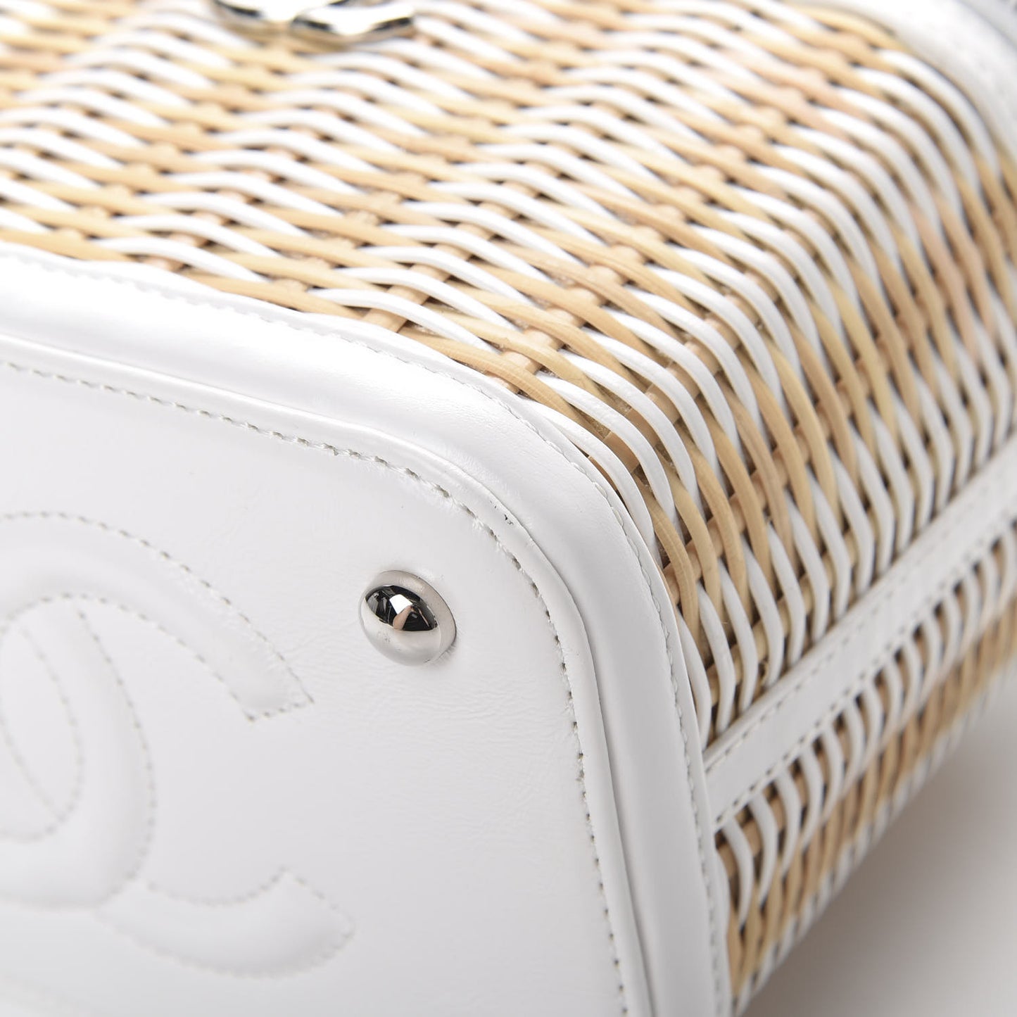 Calfskin Raffia Small Vanity Case Bag White Beige