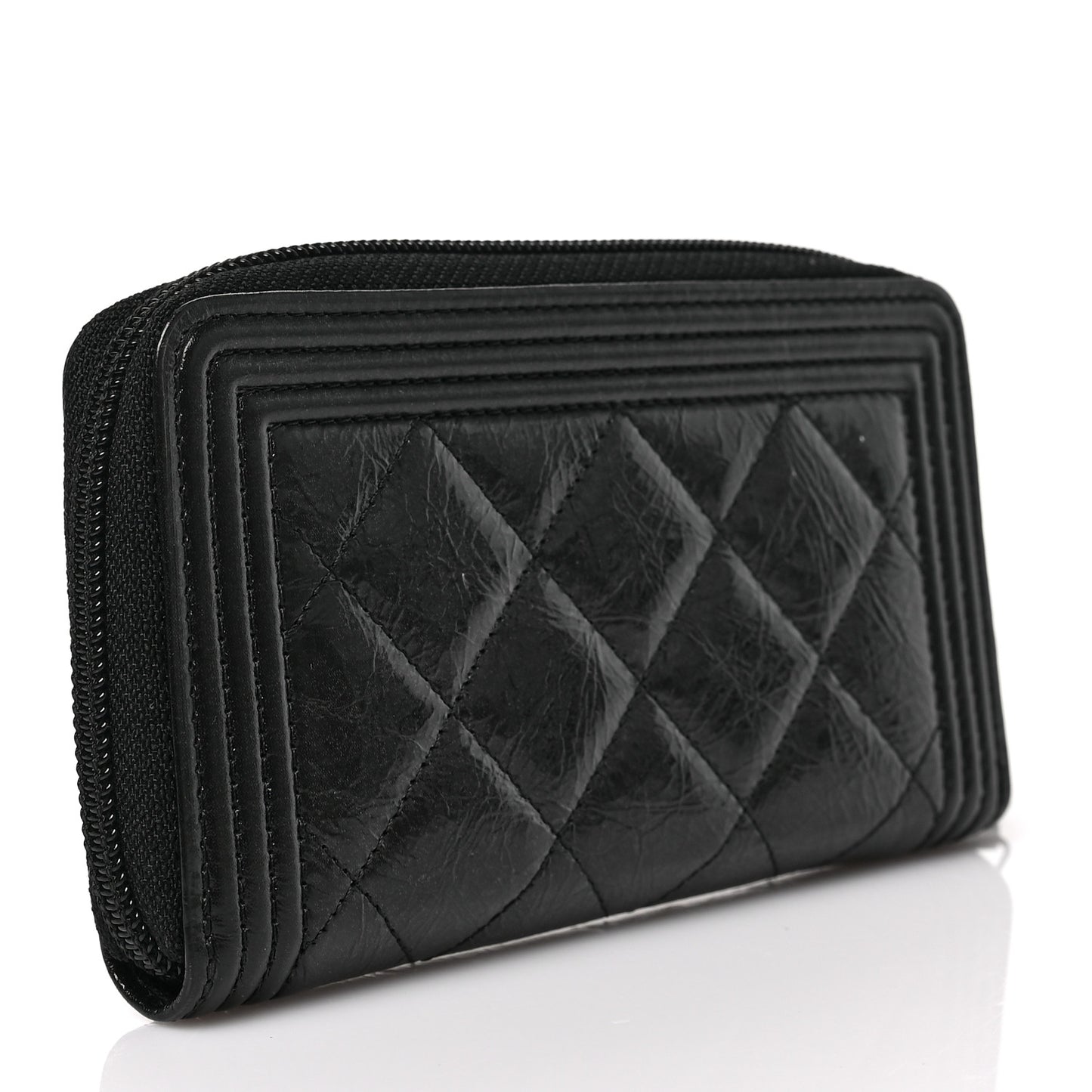 Distressed Patent Quilted Small Boy Zip Around Wallet Black