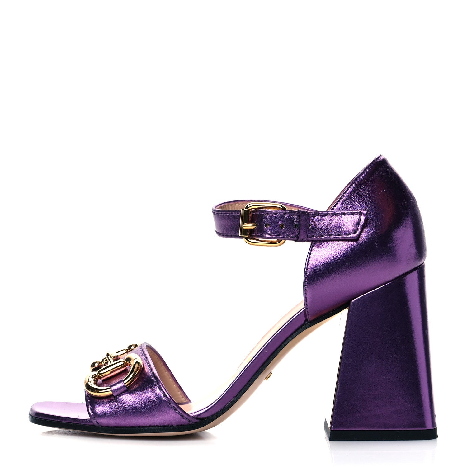 Gucci Metallic Nappa Horsebit Cross Strap 95mm Sandals 37.5 Violet 1 of 16