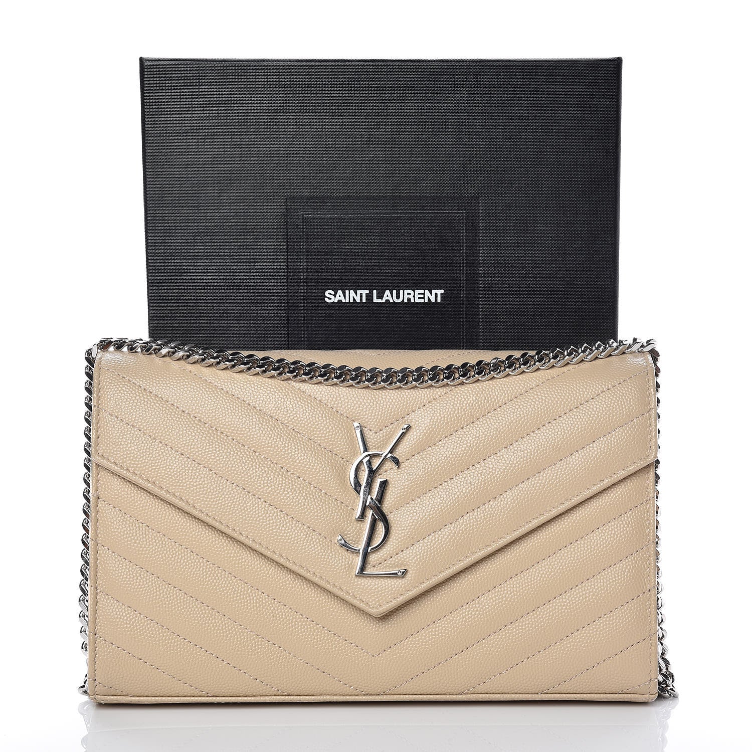 Saint Laurent Grain De Poudre Matelasse Chevron Monogram Chain Wallet Nude Powder 10 of 10