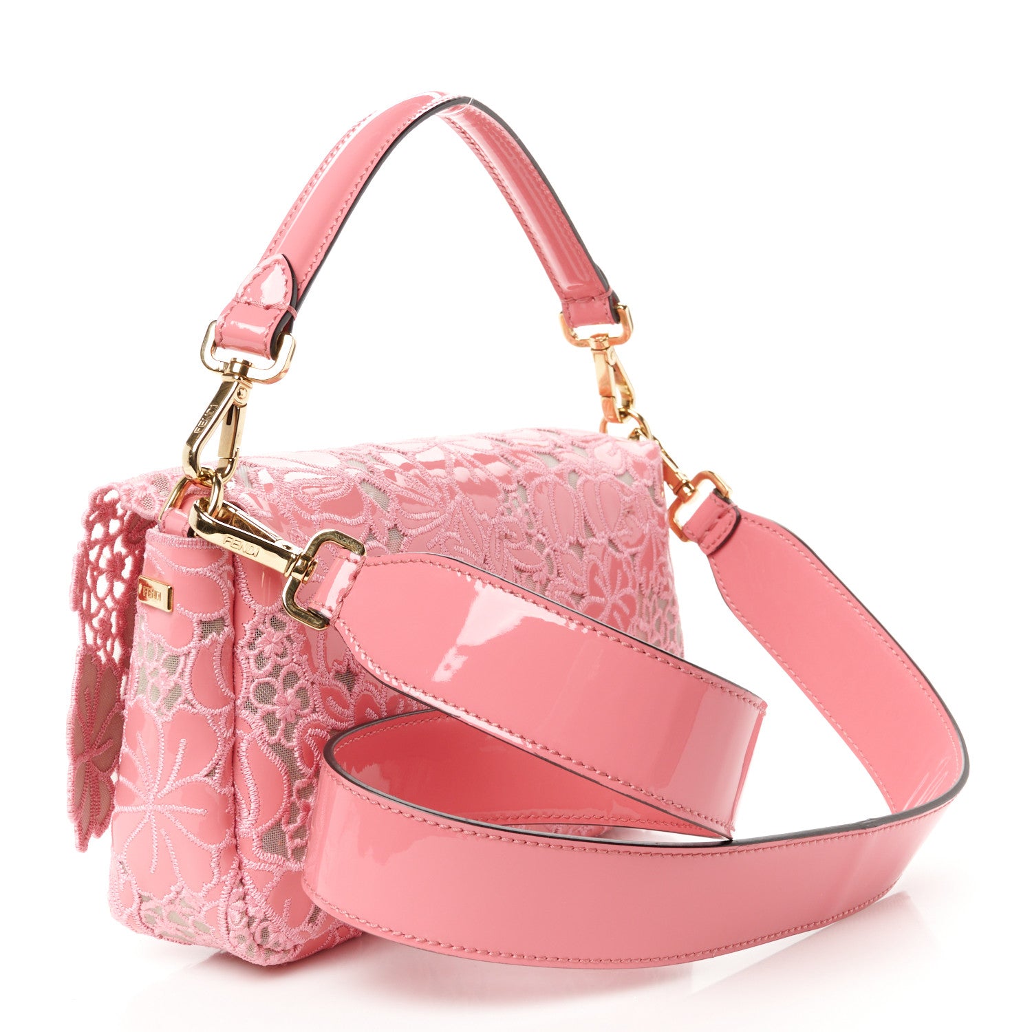 Fendi Mesh Patent Floral Embroidered Monochrome Baguette Pink 3 of 10