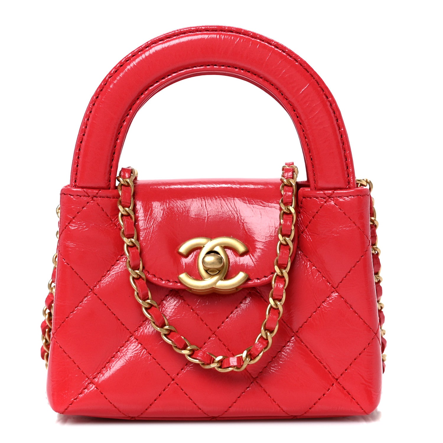 Chanel Shiny Aged Calfskin Quilted Mini Nano Kelly Shopper Red 1 of 10