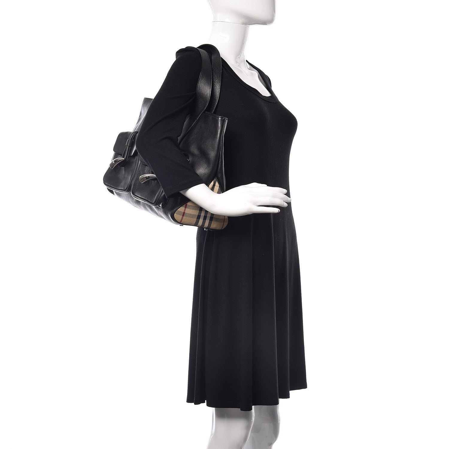 Burberry Calfskin Haymarket Check Toggle Shoulder Bag Black 2 of 14