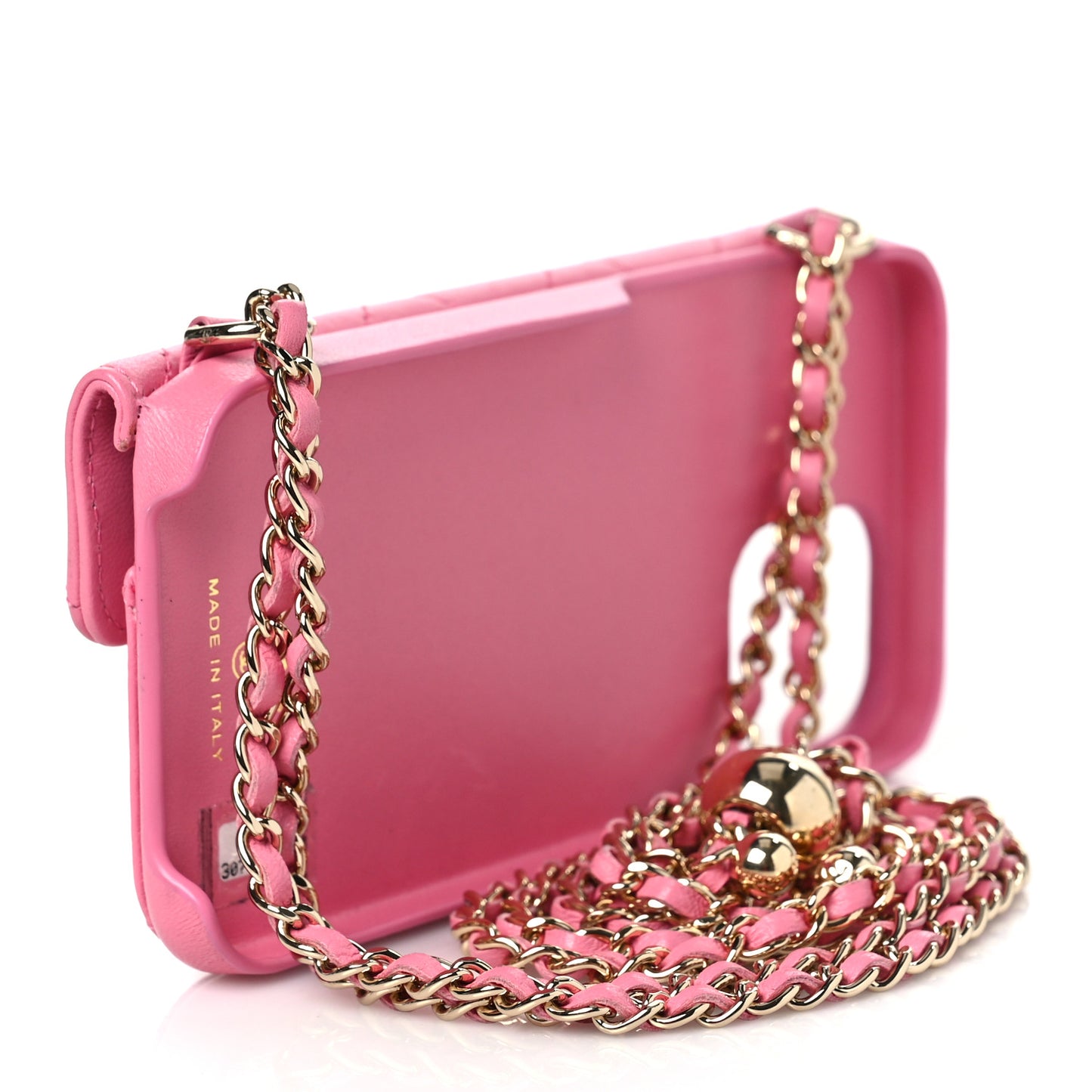 Lambskin Quilted Pearl Crush iPhone XII Pro Holder With Chain Pink