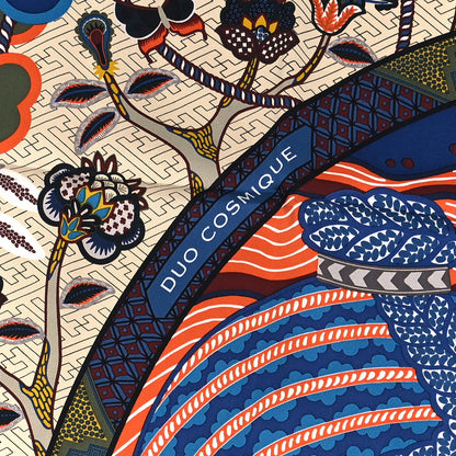 Hermes Silk Twill Duo Cosmique Scarf 90 Bleu Moyen Vert Ocre 3 of 4