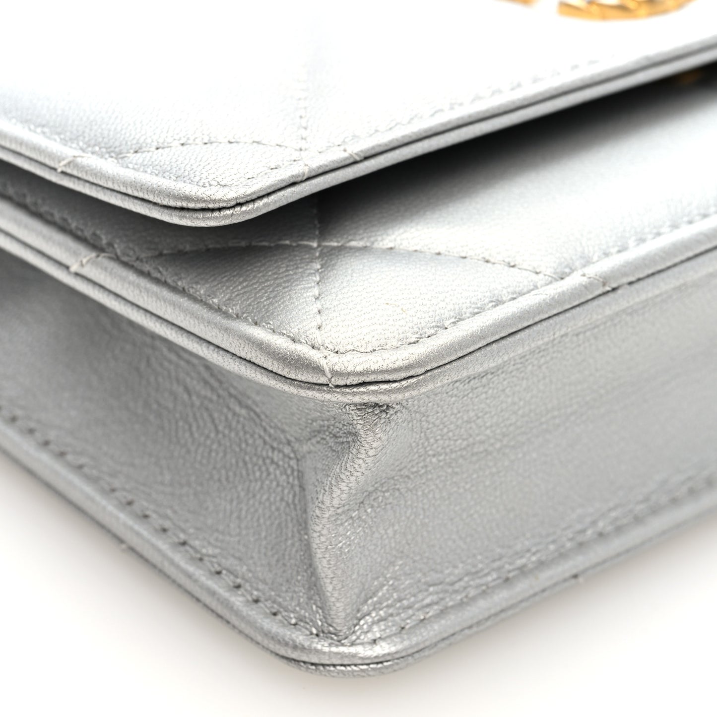 Metallic Lambskin Quilted Chanel 19 Wallet On Chain WOC Silver