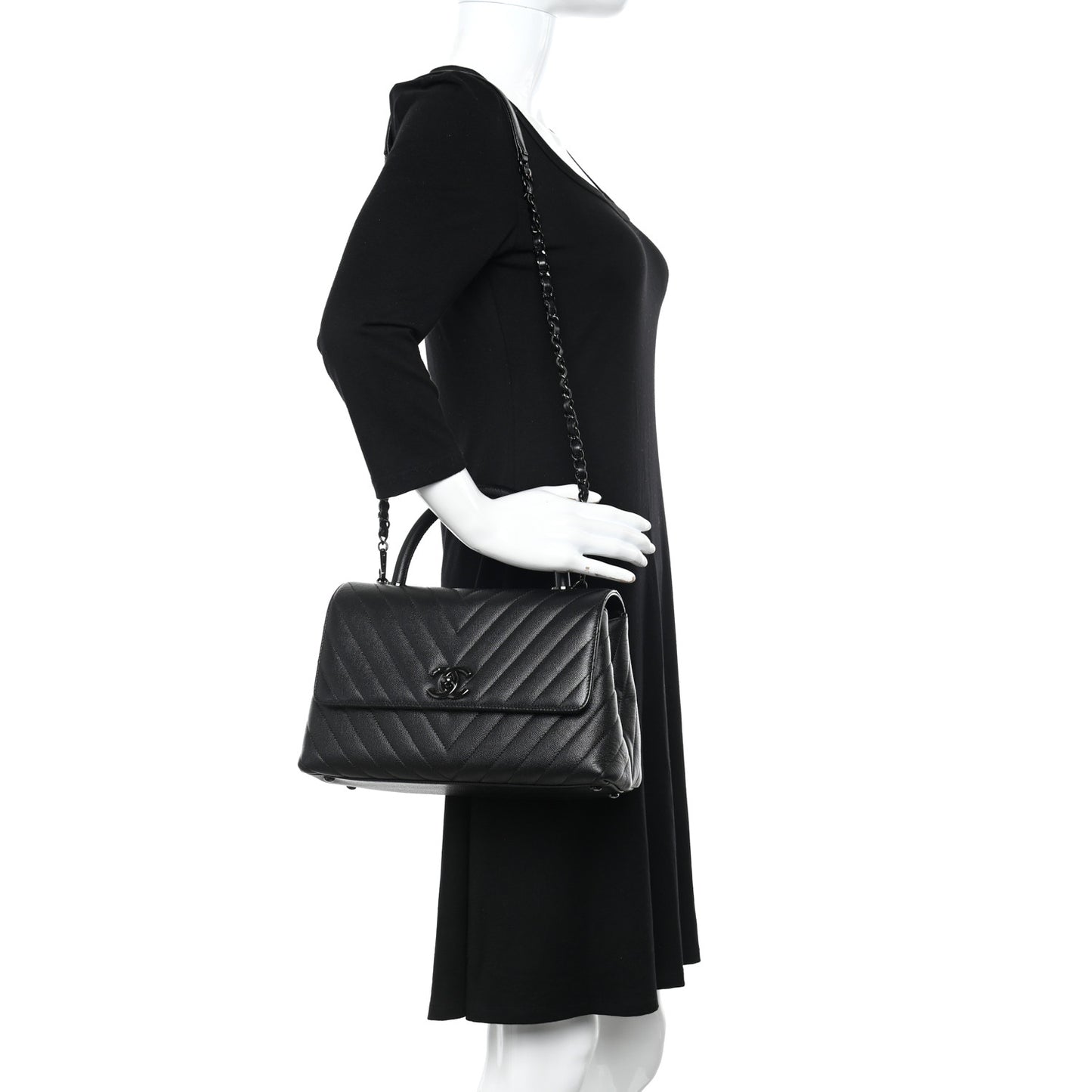 Caviar Chevron Quilted Small Coco Handle Flap So Black