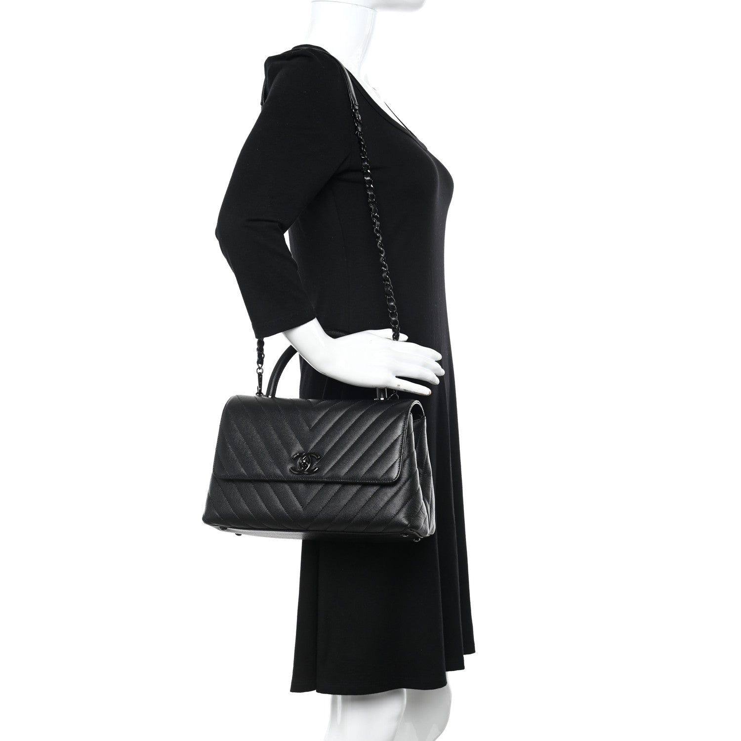 Chanel Caviar Chevron Quilted Small Coco Handle Flap So Black 2 of 10