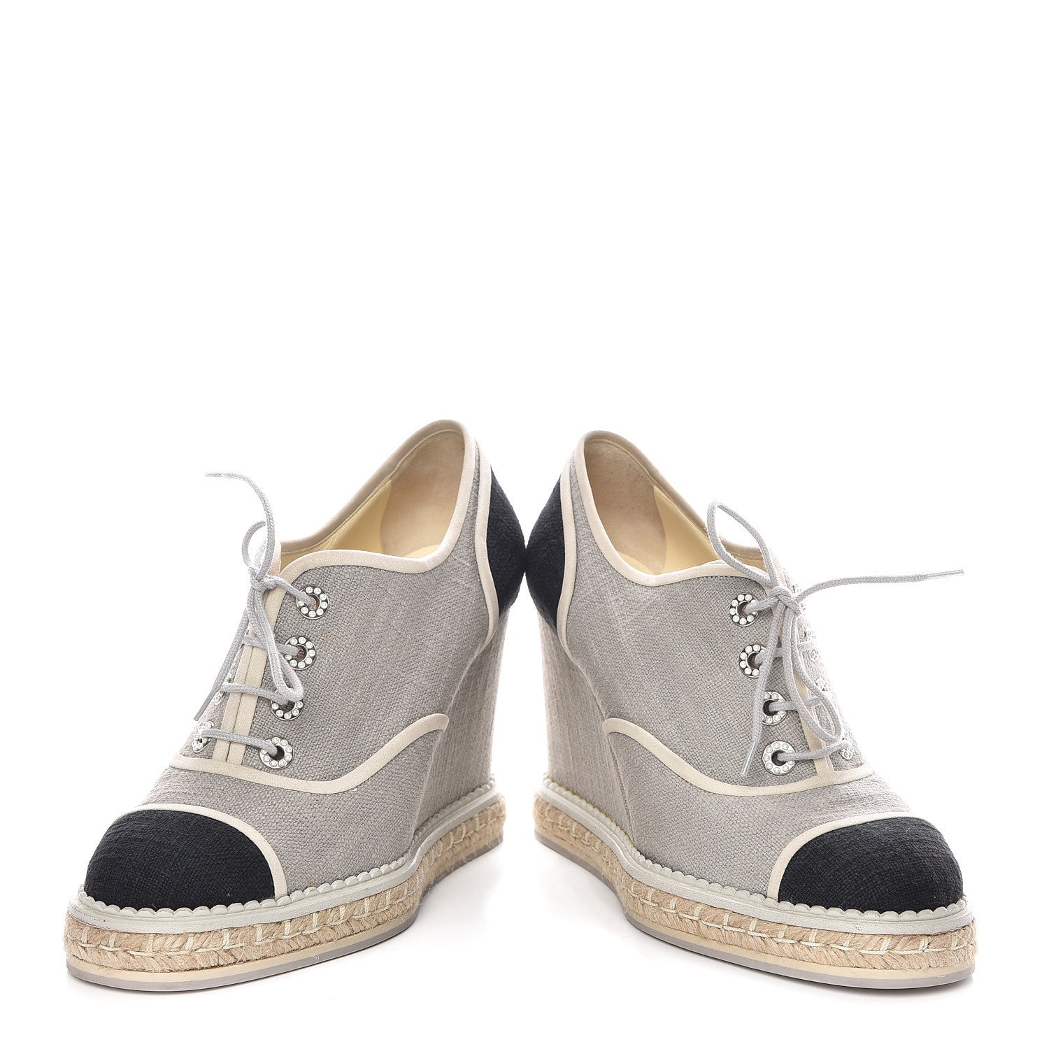 Chanel Cotton Lace Up Wedge Espadrilles 38.5 Grey Navy Blue 6 of 15