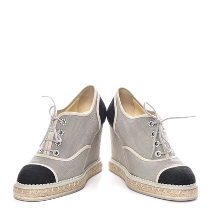 Chanel Cotton Lace Up Wedge Espadrilles 38.5 Grey Navy Blue 6 of 15