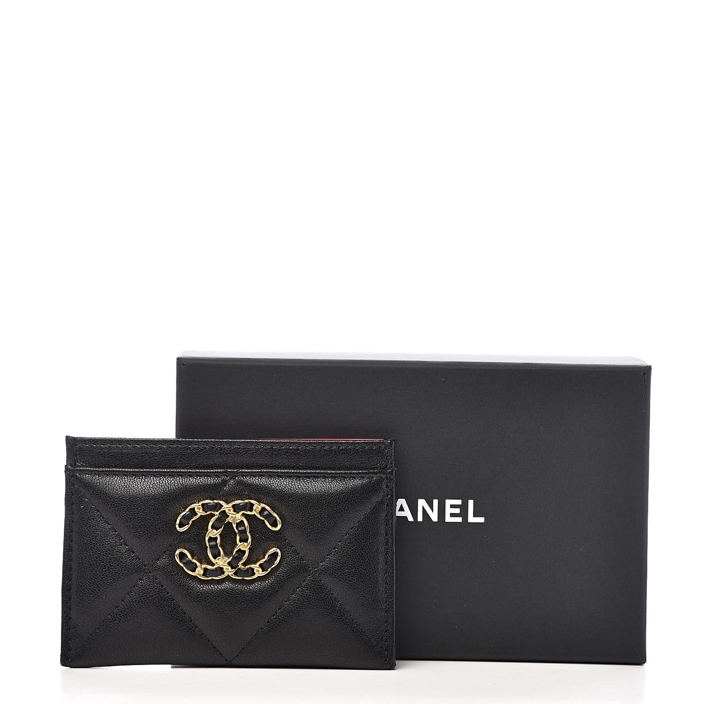 Shiny Goatskin Quilted Chanel 19 Card Holder Black