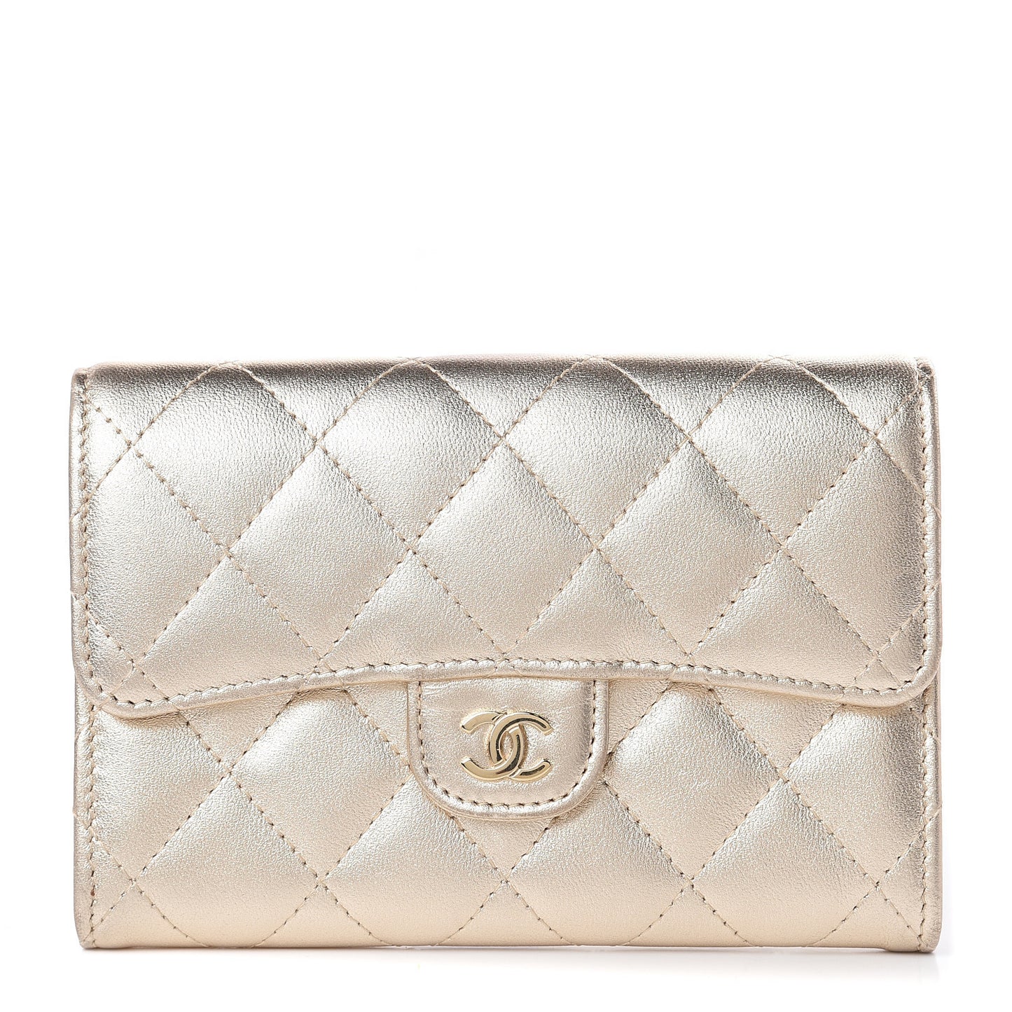 Metallic Lambskin Quilted Small Flap Wallet Pale Gold