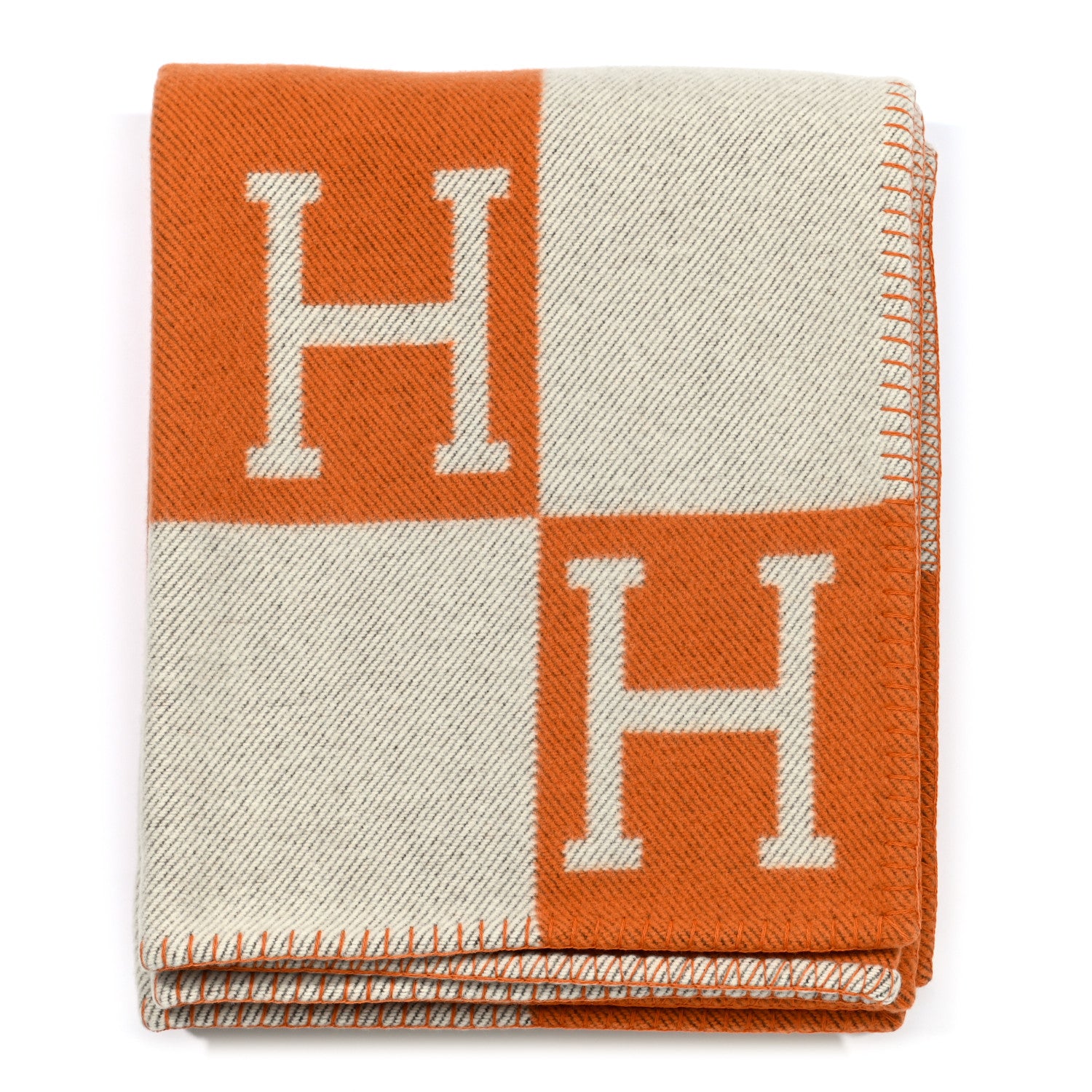 Hermes Wool Cashmere Signature Classic Avalon Blanket Ecru Potiron 1 of 3