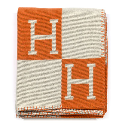 Hermes Wool Cashmere Signature Classic Avalon Blanket Ecru Potiron 1 of 3