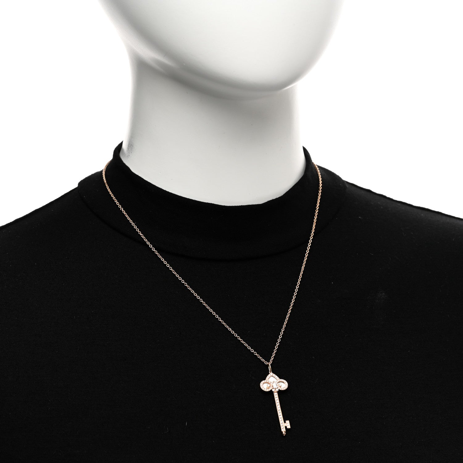 Tiffany 18K Rose Gold Diamond Mother of Pearl Fleur De Lis Key Pendant Necklace 2 of 5