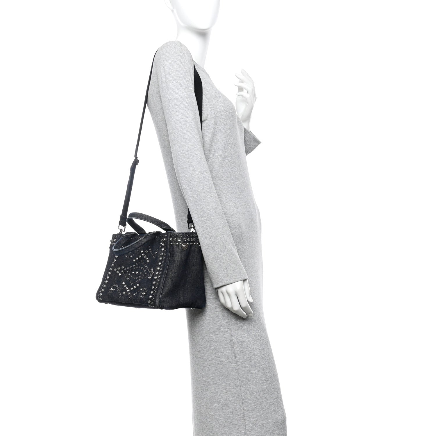 Prada Canapa Denim Crystal Rivet Studded Tote Avio 1809091