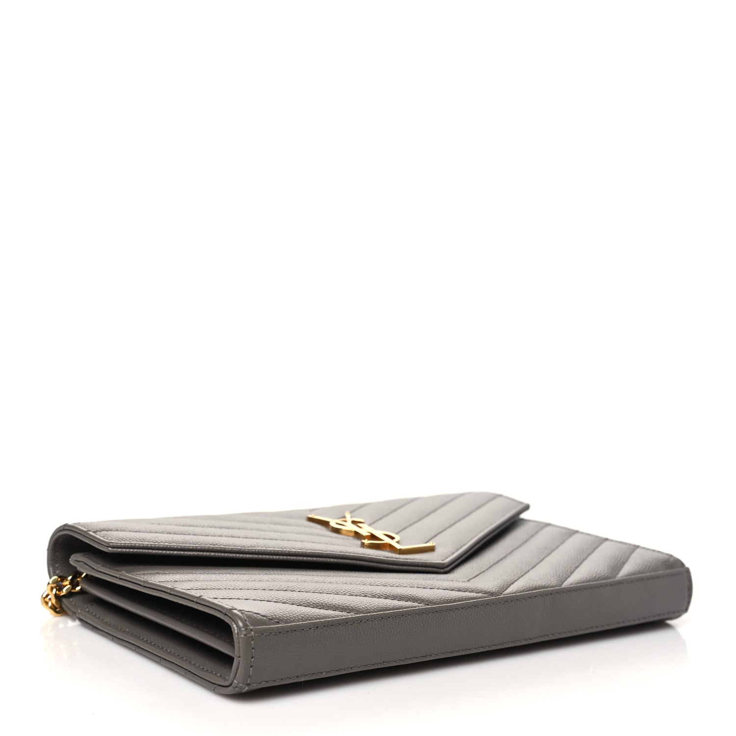 Saint Laurent Grain De Poudre Matelasse Chevron Monogram Chain Wallet Fog 4 of 12
