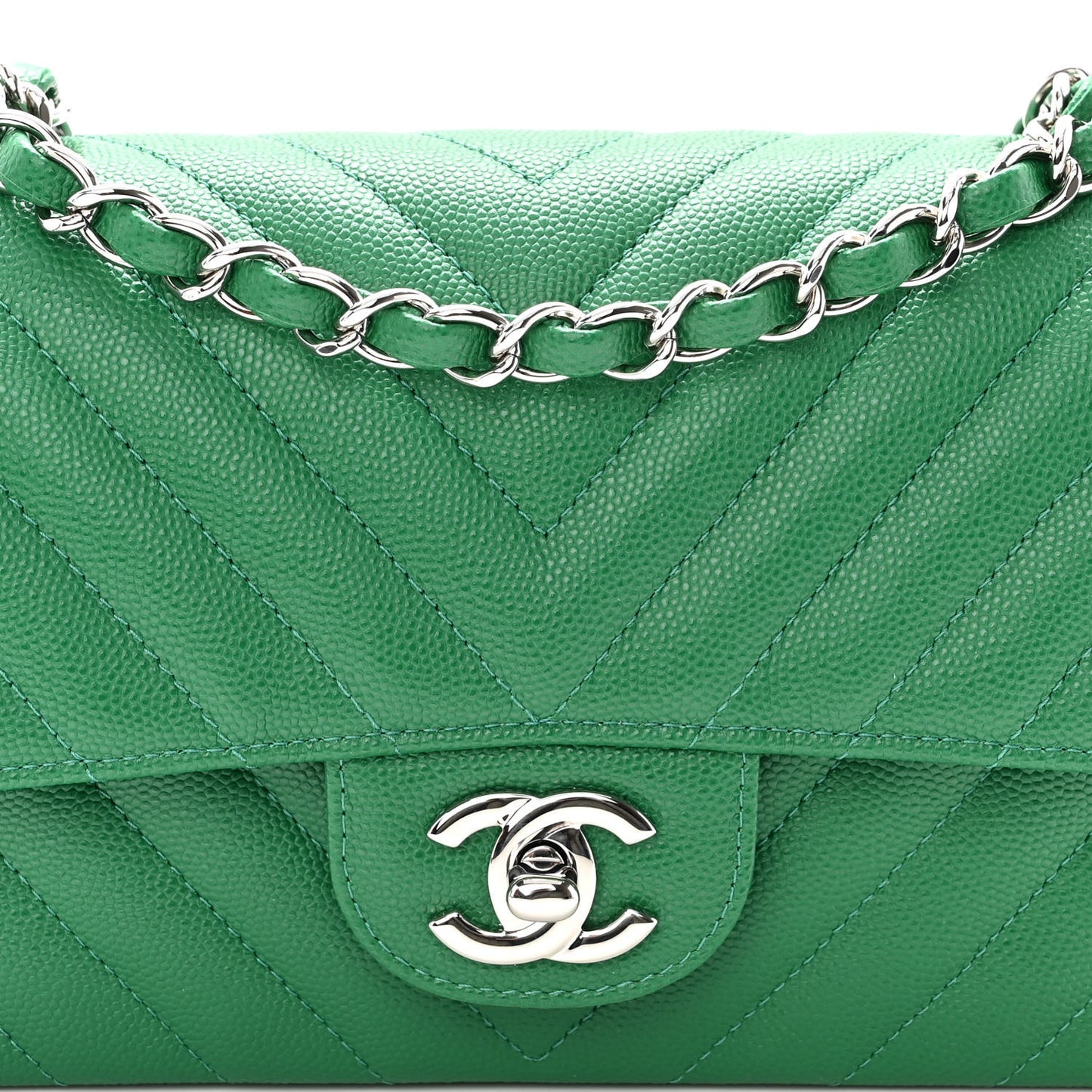 Caviar Chevron Quilted Mini Rectangular Flap Dark Green