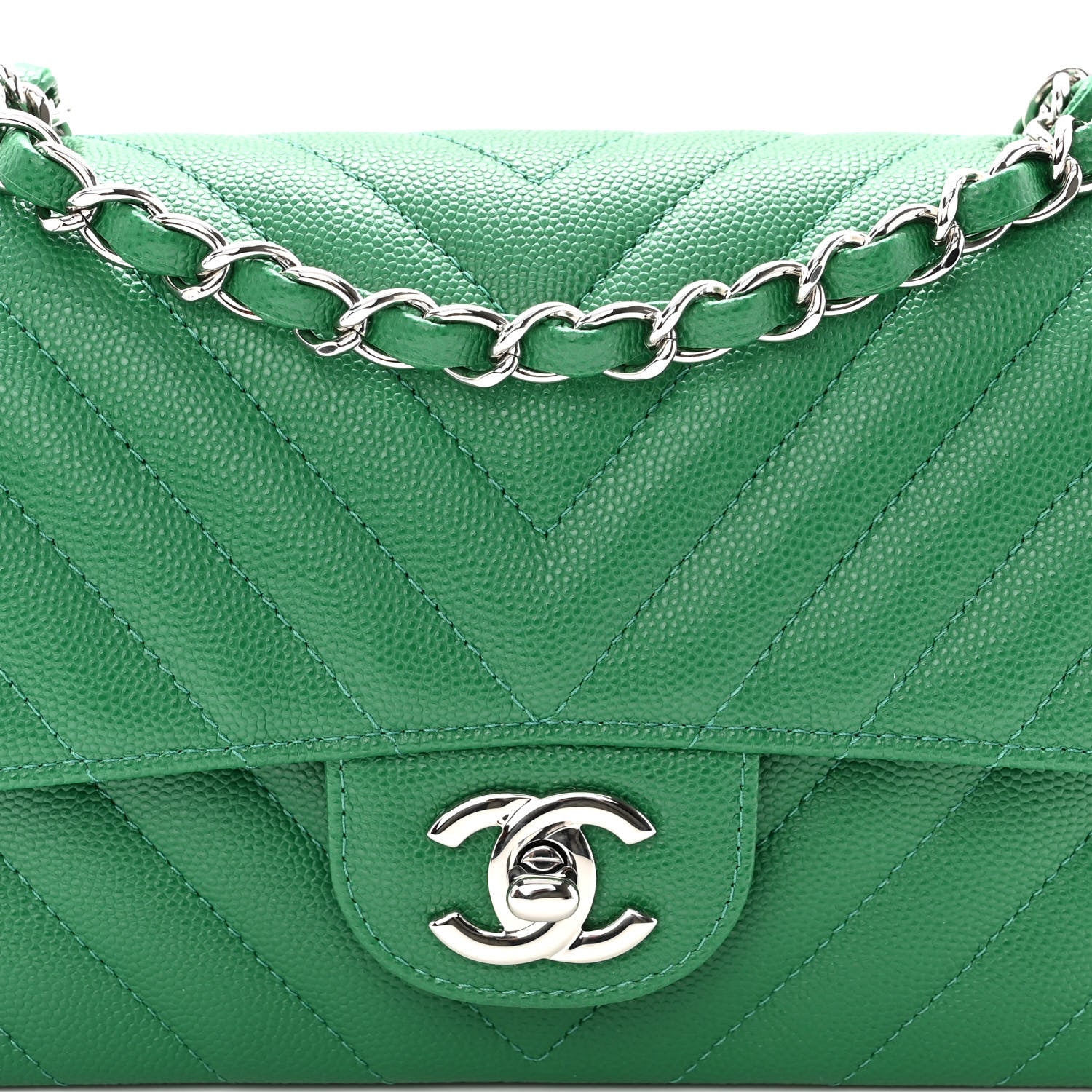Chanel Caviar Chevron Quilted Mini Rectangular Flap Dark Green 8 of 10
