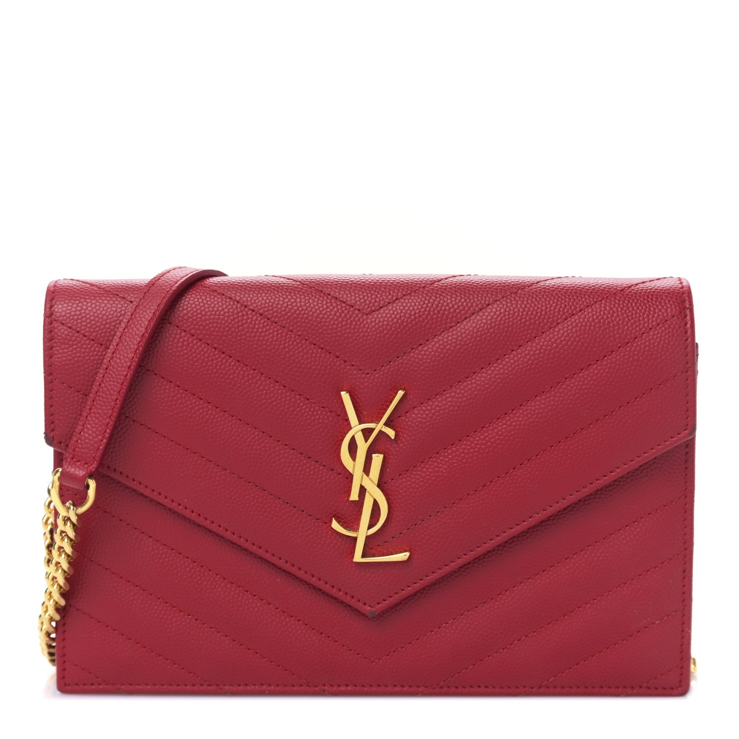 Saint Laurent Grain De Poudre Matelasse Chevron Monogram Envelope Chain Wallet Red 1 of 10
