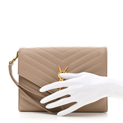Saint Laurent Grain De Poudre Matelasse Chevron Monogram Envelope Clutch Dark Beige 2 of 8