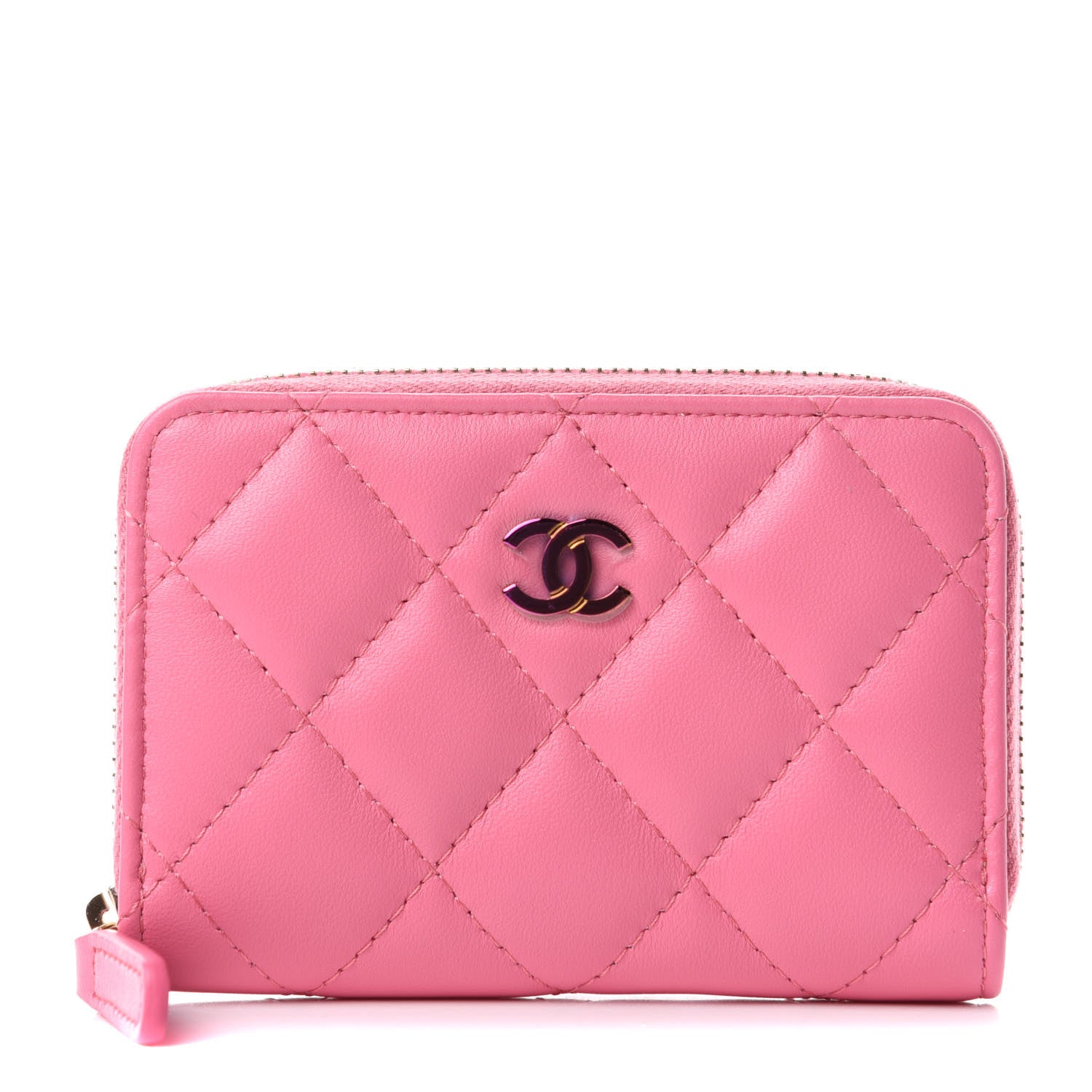 Chanel Lambskin Quilted Zip Around Coin Purse Wallet Pink Yellow 1 of 8