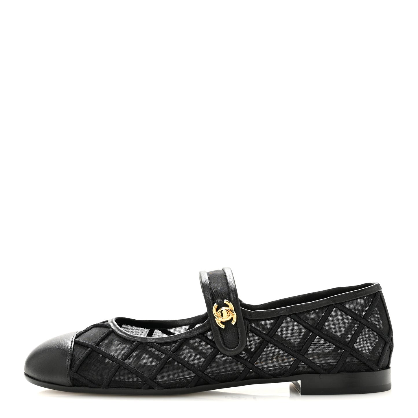 Lambskin Fabric Mesh Quilted Mary Jane Cap Toe Flats 37 Black